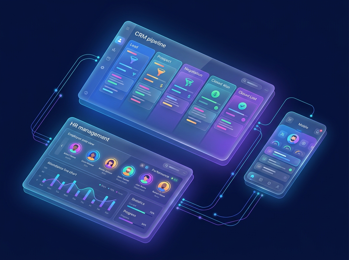 Custom Enterprise Software (CRM, HRMS & Cloud ERP) architecture graphic